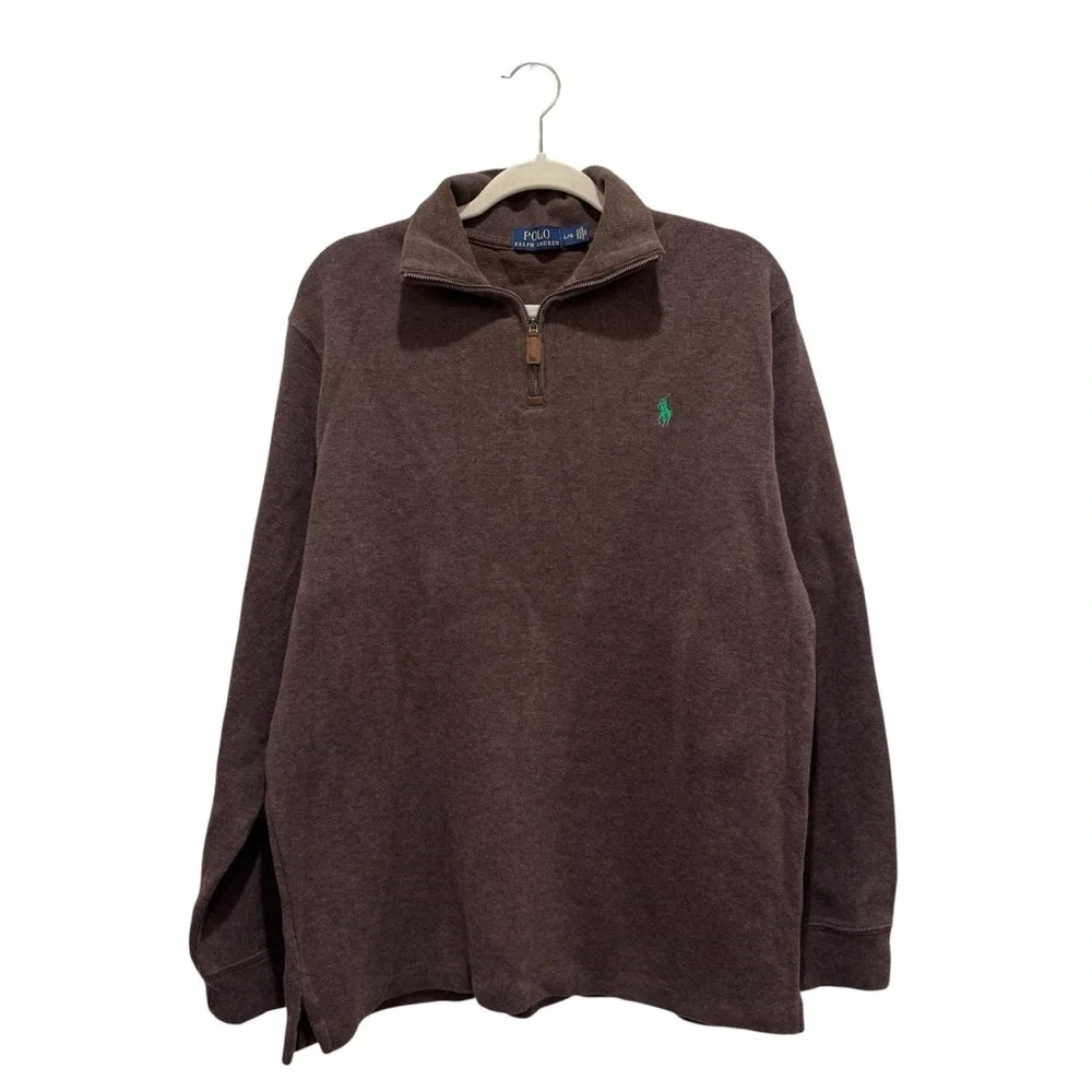 Mens Polo Ralph Lauren 1/4 Zip Collar Cotton Knit Pullover Sweater Pony Brown L